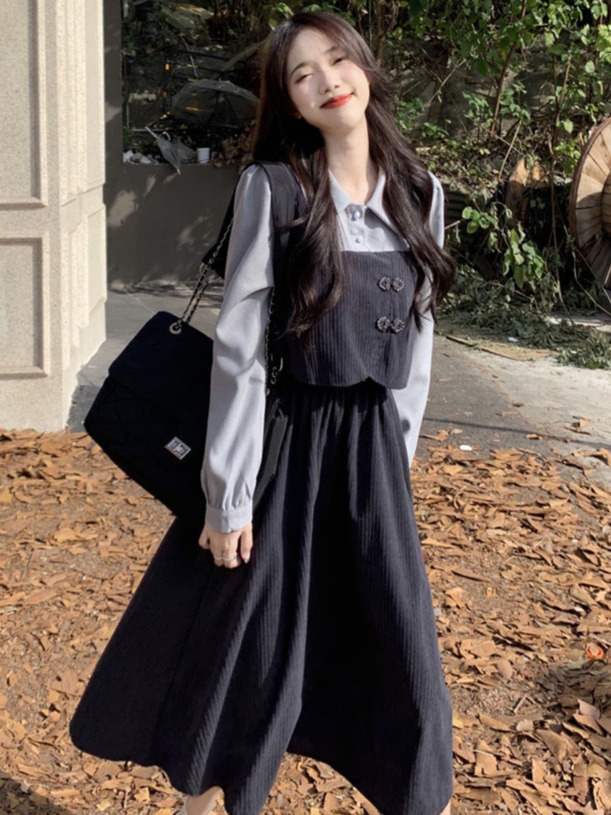 25 レイヤードスタイル スクールガール風 長袖ロングワンピース 小柄さん・低身長さん向け 重ね着風コーデ 可愛い レディース 学生風 体型カバー おしゃれ着回し
