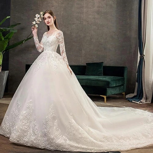 ウェディングドレス 長袖ウェディングドレス トレーンドレス Aライン 袖あり 二次会 結婚式 花嫁 ブライダル 演奏会 披露宴 ロング 発表会 コンサート 大きいサイズ フォーマル 前撮り リゾート