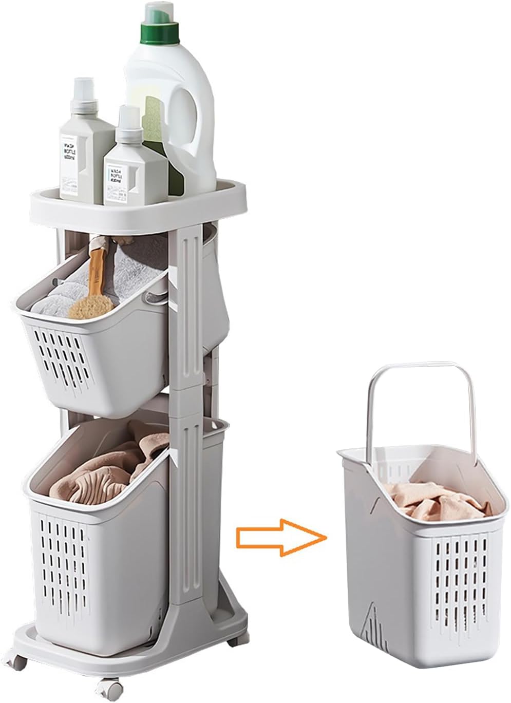 3段ランドリーワゴン 洗濯かご 360度移動 かご引き上げ手すり付き 隙間収納 簡単組み立て