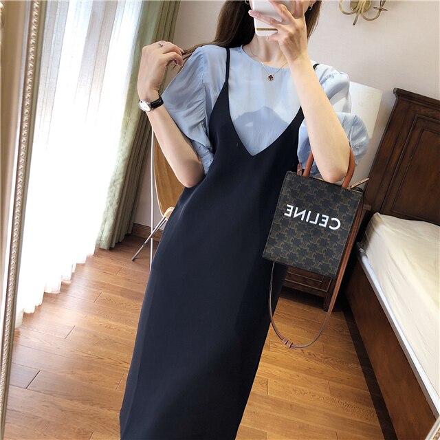 2color レディース トップス ワンピース セットアップ シャツ ブラウス カットソー 膝下 ミ