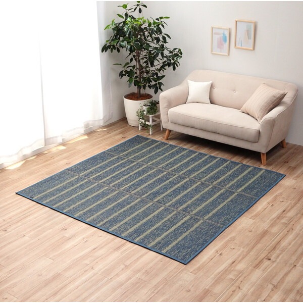 1070010045411 ラグ 正方形 い草 自然素材 シンプル ボーダー 裏面すべり止め付き 滑りにくい 抗菌防臭 ブルー 約4.5畳 約240×240cm メーカー直送