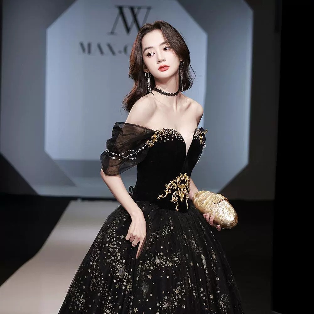 黒宴会イブニングドレス2024気質フェミニンワンショルダーアートテストソロパフォーマンスホストドレス 6,537円