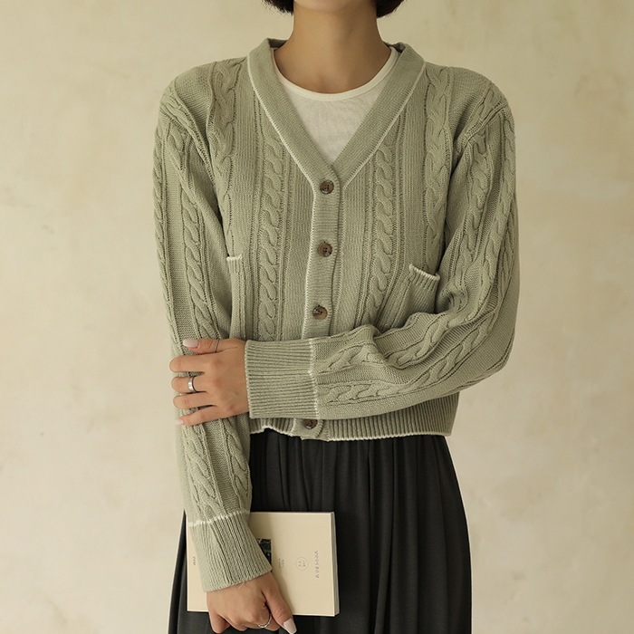 [韓国ファッション] バイカラーデザイン Vネック クロップド丈 ニットカーディガン