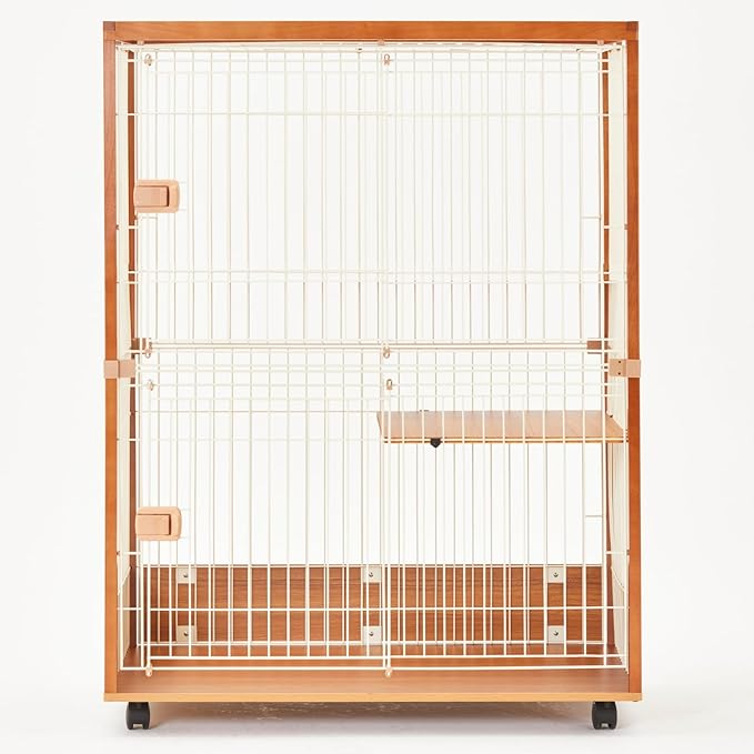ieneko 猫 ケージ 2段 おしゃれ 木製 幅広96cm 大型 横スライド式ドア キャス