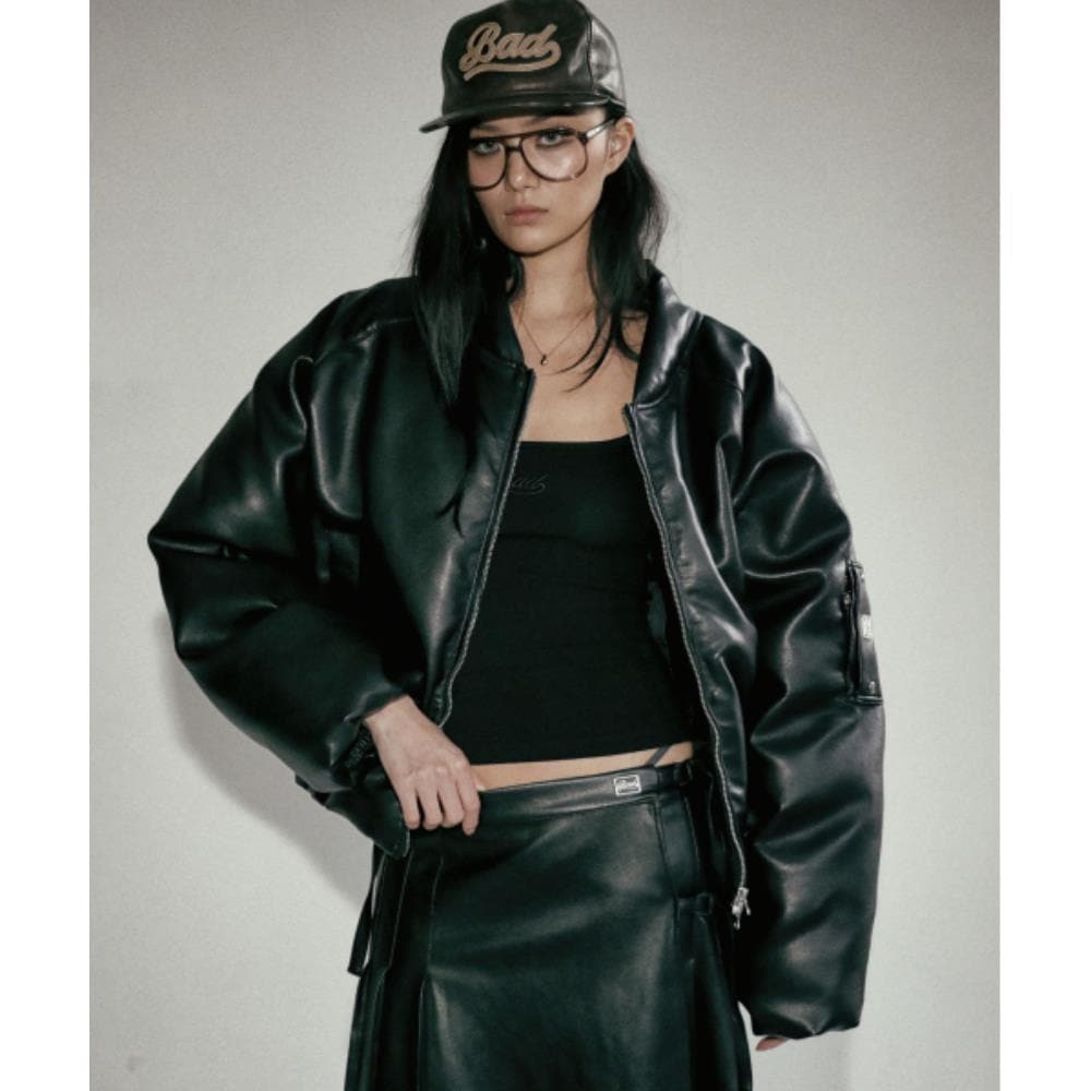 BADBLOOD BS Leather Puffer MA1 Jacket Black w-jkt24-047