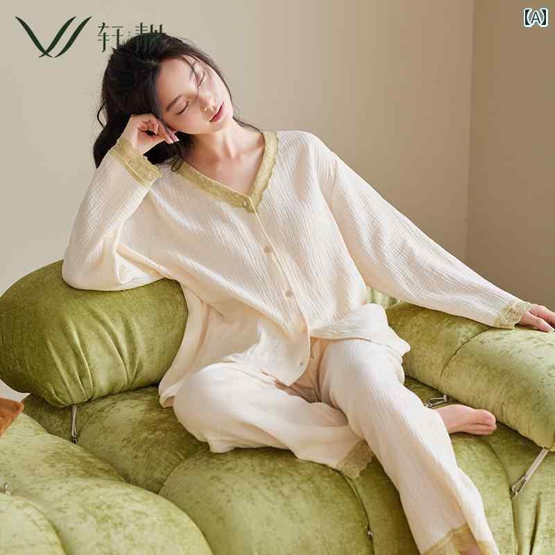 レディース　パジャマ　スウェット　上下 Xuanliang ソフトコットン パジャマ 女性用 春秋 織 綿 ガーゼ 長袖 コットン ホーム 服 セットの 外で 着用 可能 6,308円