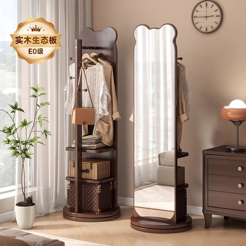 ソリッドウッドベアフルボディミラー移動床鏡の家庭用ドレッシングミラー回転する衣服吊り衣服ラック統合ドレッシングミラー