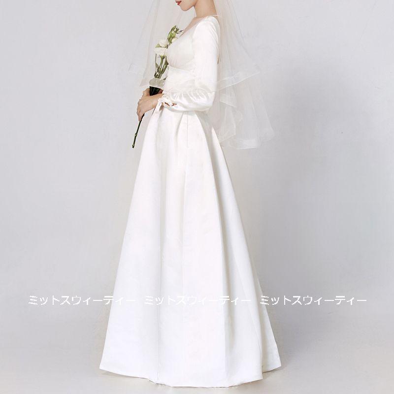 ウェディングドレス ロングドレス 結婚式 ウエディングドレス 長袖 Aラインドレス 二次会 花嫁 前撮り エレガント サテン ホワイト シンプル リゾート 披露宴