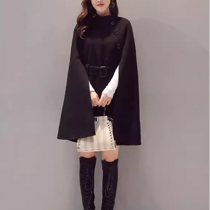 ポンチョ 膝丈 膝上 長袖 タートルネック セミフレア Aライン ベルト ウエストマーク 大人可愛い きれいめ 上品 おしゃれ かっこいい ラフ ガーリー クール エレガント 存在感 ラブリー