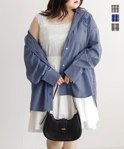 大きいサイズ レディース LL 3L 4L XL XXL XXXL CLETTEオリジナルロゴ刺繍オーバーサイズチェックシャツ