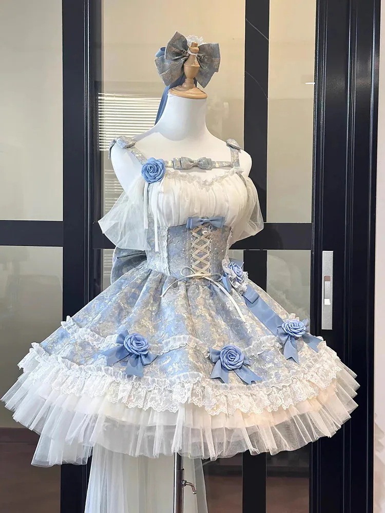 激安本日限定 ワンピースブルージャガード生地春ガールスイートガールプリンセス