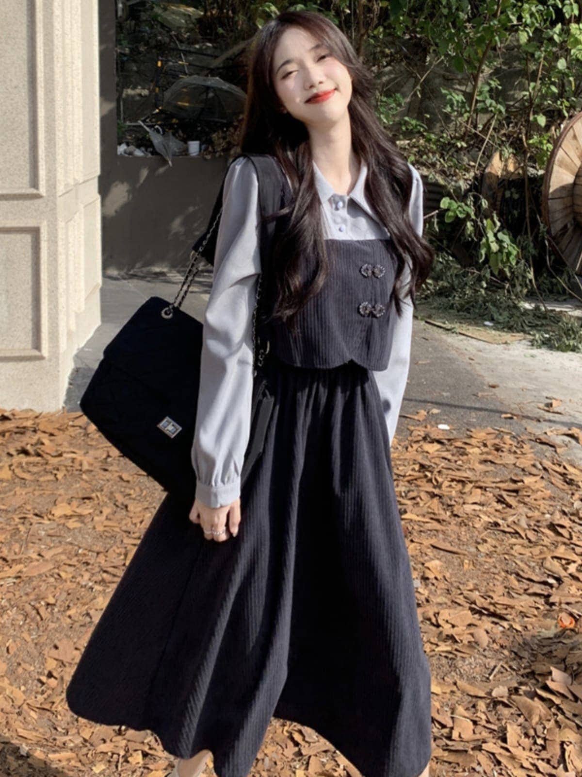 レイヤードスタイル スクールガール風 長袖ロングワンピース 小柄さん・低身長さん向け 重ね着風コーデ 可愛い レディース 学生風 体型カバー おしゃれ着回し
