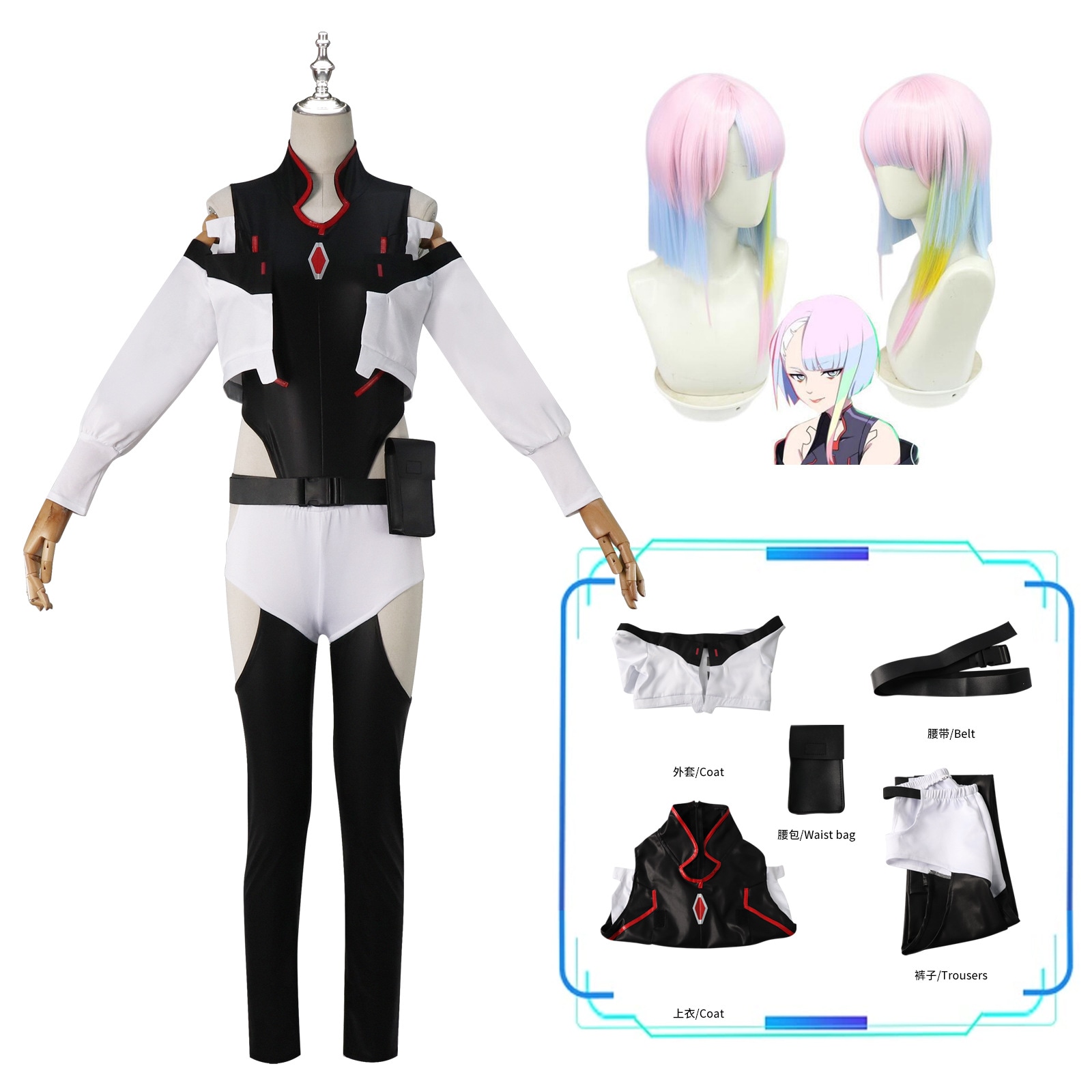 サイバーパンクエッジウォーカーcosデビッドcスーツランナールーシーcスーツフルセットウィッグコスプレ
