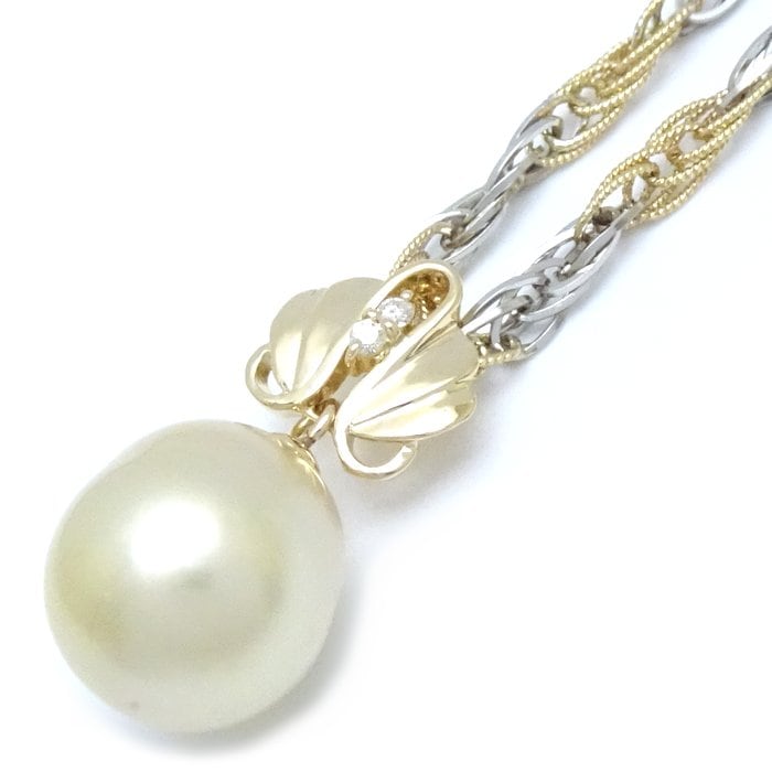 パール ネックレス ゴールデンパール 真珠 ダイヤモンド K18YG イエローゴールドxPt850プラチナ /75314【中古】