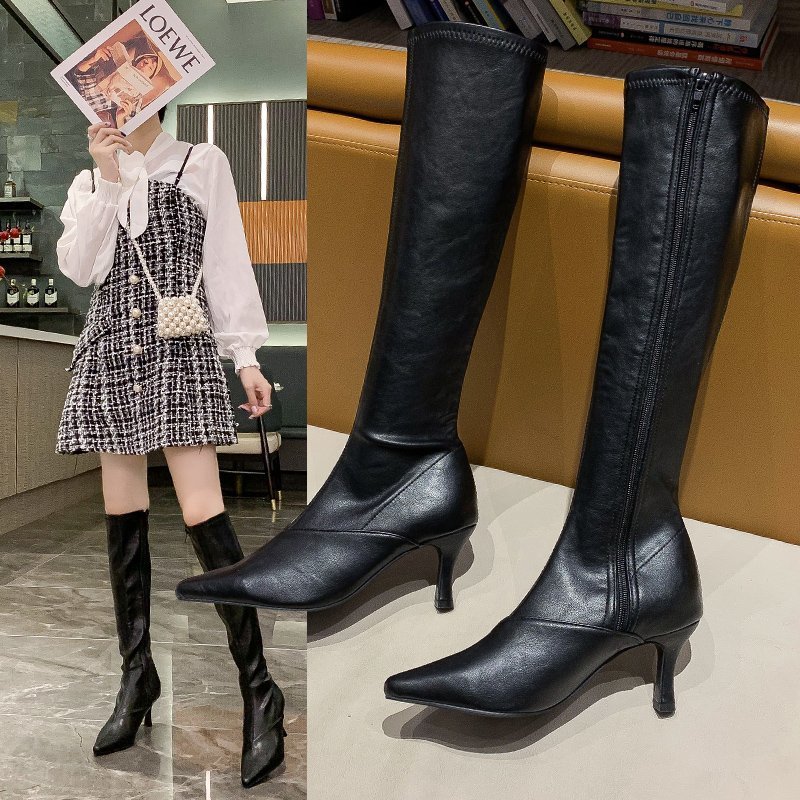 メガ割 ポインテッドトピンヒー側ジッパ膝レザニーハロングブーツ