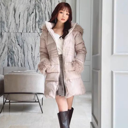 ダウンコート レディース フード付き スタンドカラー ファー ベルト ウエストマーク ミディアム丈 ダウン ジャケット レトロ ファー付き かわいい きれいめ カジュアル おでかけ デート おしゃれ