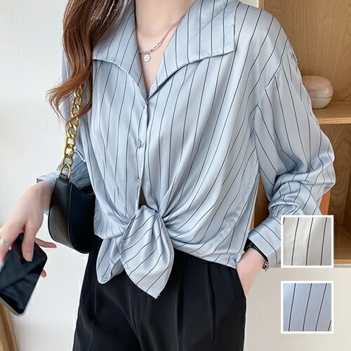 ブラウス シャツ 韓国 ファッション レディース 春 秋 冬 カジュアル コーデ シンプル 定番 セレカジ 20代 30代 40代 2025大きいサイズ ピンストライプ 光沢 サテン風 ドレープ