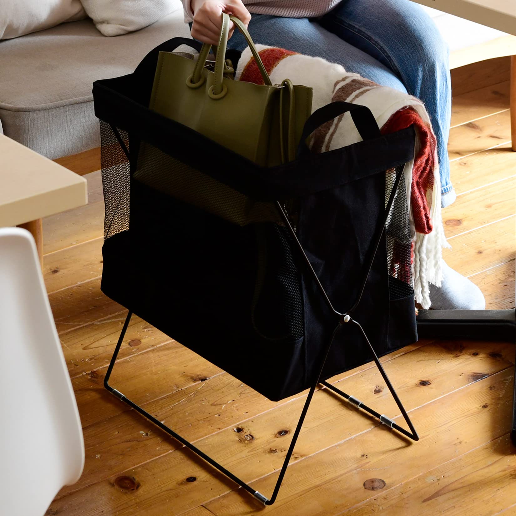 [山善] 荷物置き 収納ボックス (ハイタイプ) 折りたたみ 通気性 M(幅45×奥行26.5×高さ51cm) 収納 ランドリーラック かんたん組み立て ブラック HTB-MH(BK)