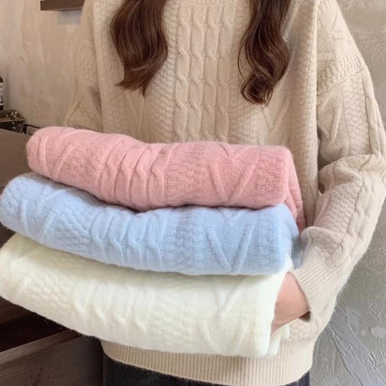 韓国風のピンクのケーブルニットベースレイヤートップゆったりとした柔らかく優しいスタイルで秋冬にぴったりです