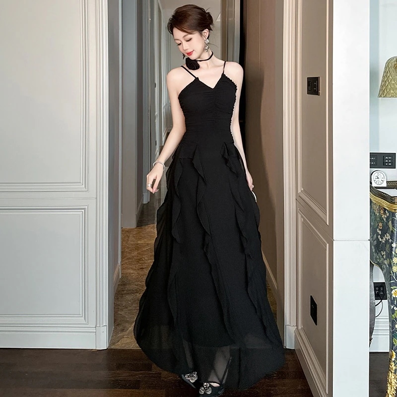 新款 2024夏新品 Vネック バックレス フリル ロング シフォン キャミワンピース ドレス パーティー キャバ 大人 同窓会 披露宴 卒業式 結婚式 演奏会 ウェディング 二次会 メガ割