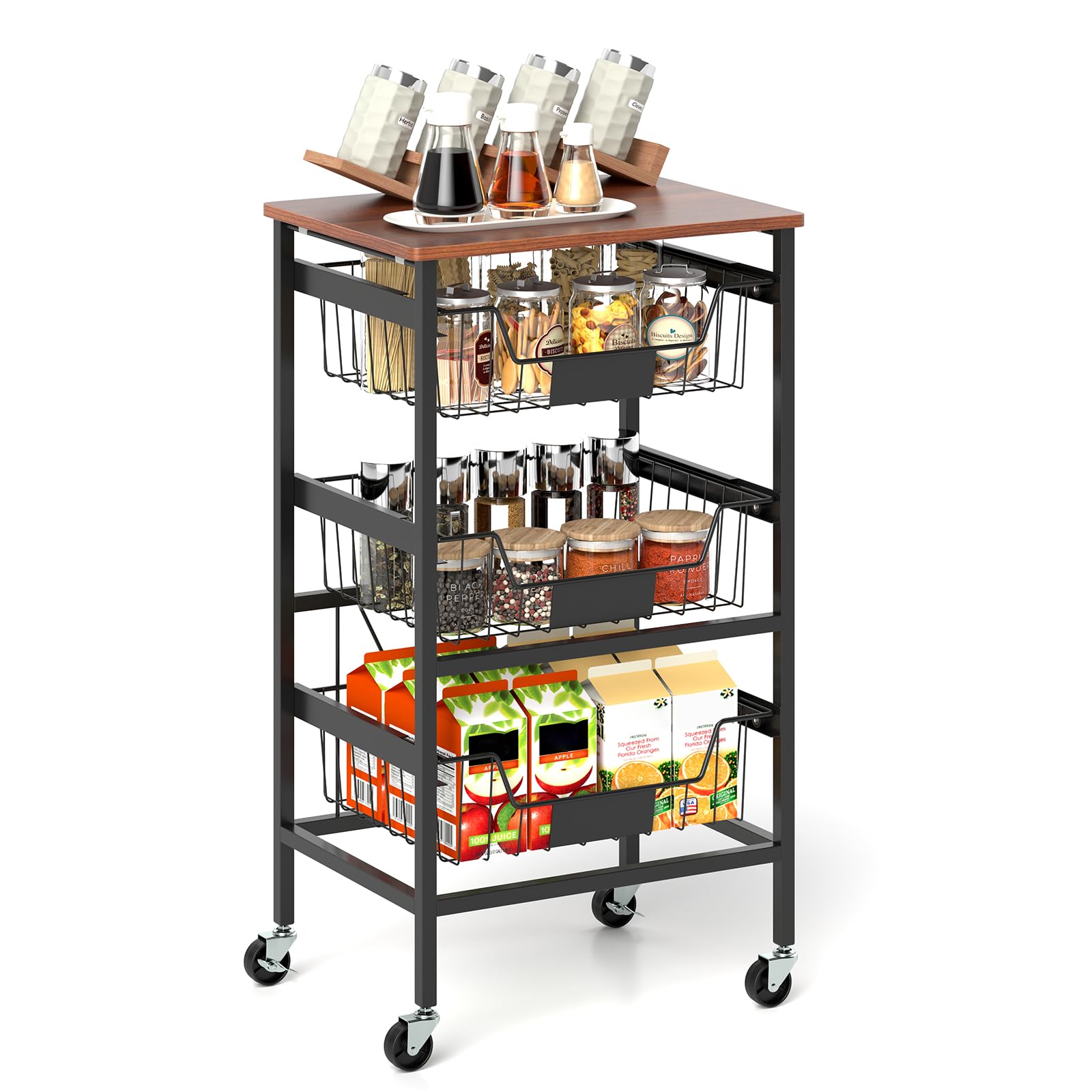 Giantex キッチンワゴン キャスター付き 大容量 4段 引き出し式のバスケット 調味料ラック キッチンカート 炊飯器 調味料 小物 木目調 収納ワゴン スリムラック 省スペース 組立簡単 リビン