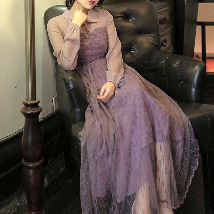 ドレス レディース パーティードレス ワンピドレス l カジュアルドレス スマートカジュアル ロング Aライン シフォン 透け感 シースルー 柔らかい 個性的 袖あり 長袖 襟付き パ