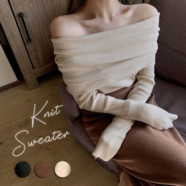オフショルニット セーター レディース ニットセーター オフショルダー 春秋 長袖 ドロップショルダー 大人 フェミニン 可愛い ざっくり編み リブニット ショート丈 秋冬 韓国風 アイボリ