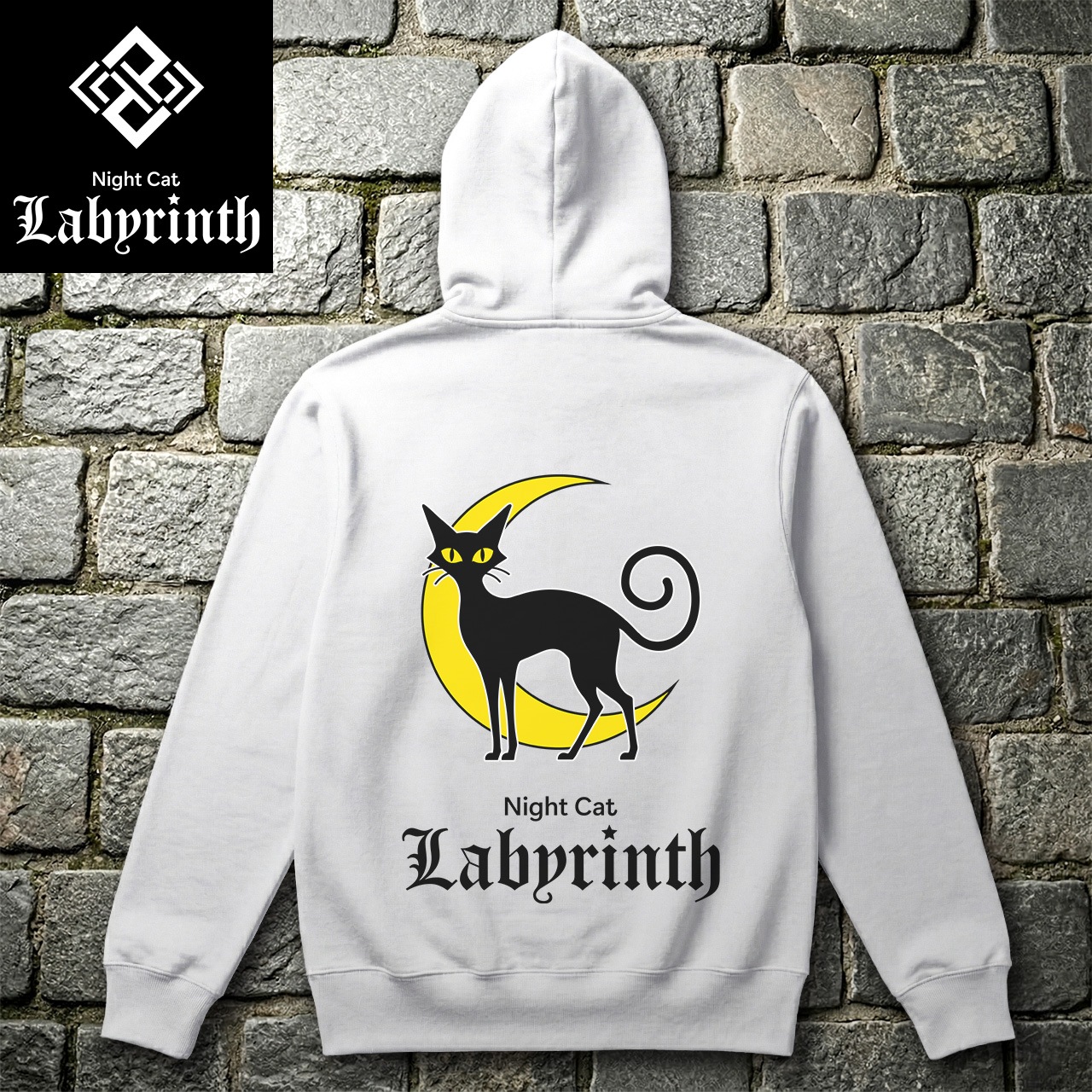 【Night Cat Labyrinth】ナイトキャットラビリンス 『黒猫と三日月』 フルジップパーカー 10oz 裏パイル (ホワイト)　黒猫 ゴシック ダークファンタジー ストリートファッション