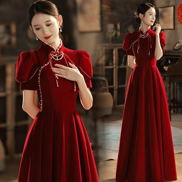 結婚式ドレス 二次会ドレス ワイン赤 ベロア ベルベット ロングドレス チャイナ風ドレス 立ち襟 ワインレッド パール オシャレ ゲストドレス ロング パフスリーブ イブニングドレス パーティードレス