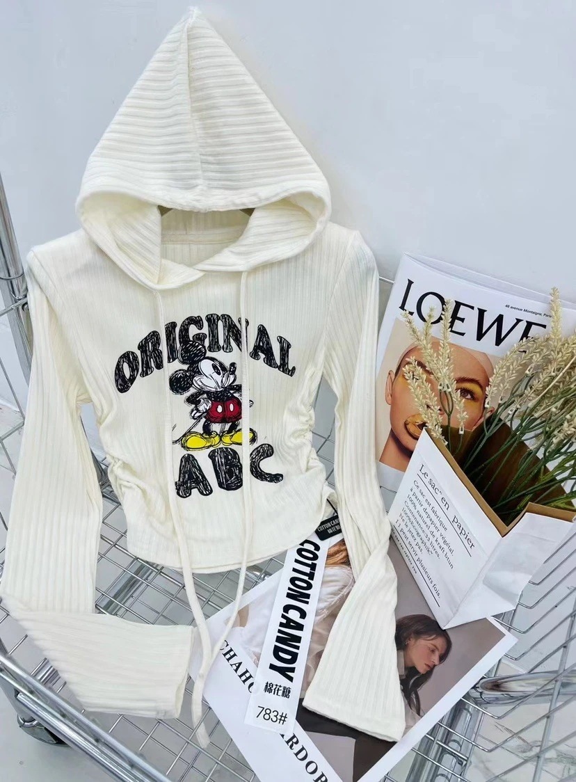 トップスニットミッキー女性用フード付きミッキープリント長袖カシミアセーター無地多用途スリムショートプリーツトップ