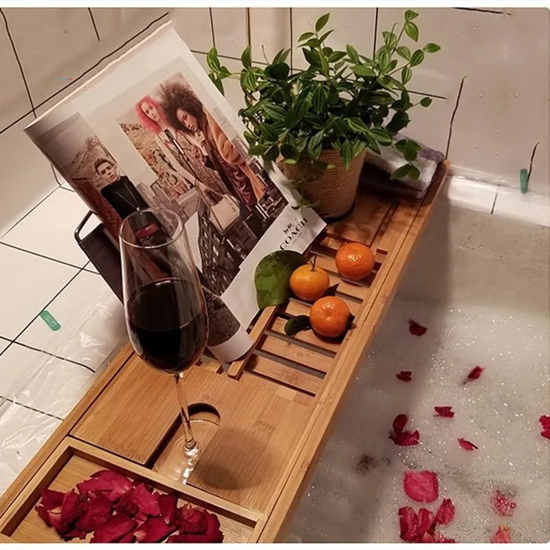 竹製バスタブ用収納トレイ,調節可能なカップ付きバスコンテナ,ワインホルダー,石鹸皿,ポータブル皿,シャワー用スペース付き