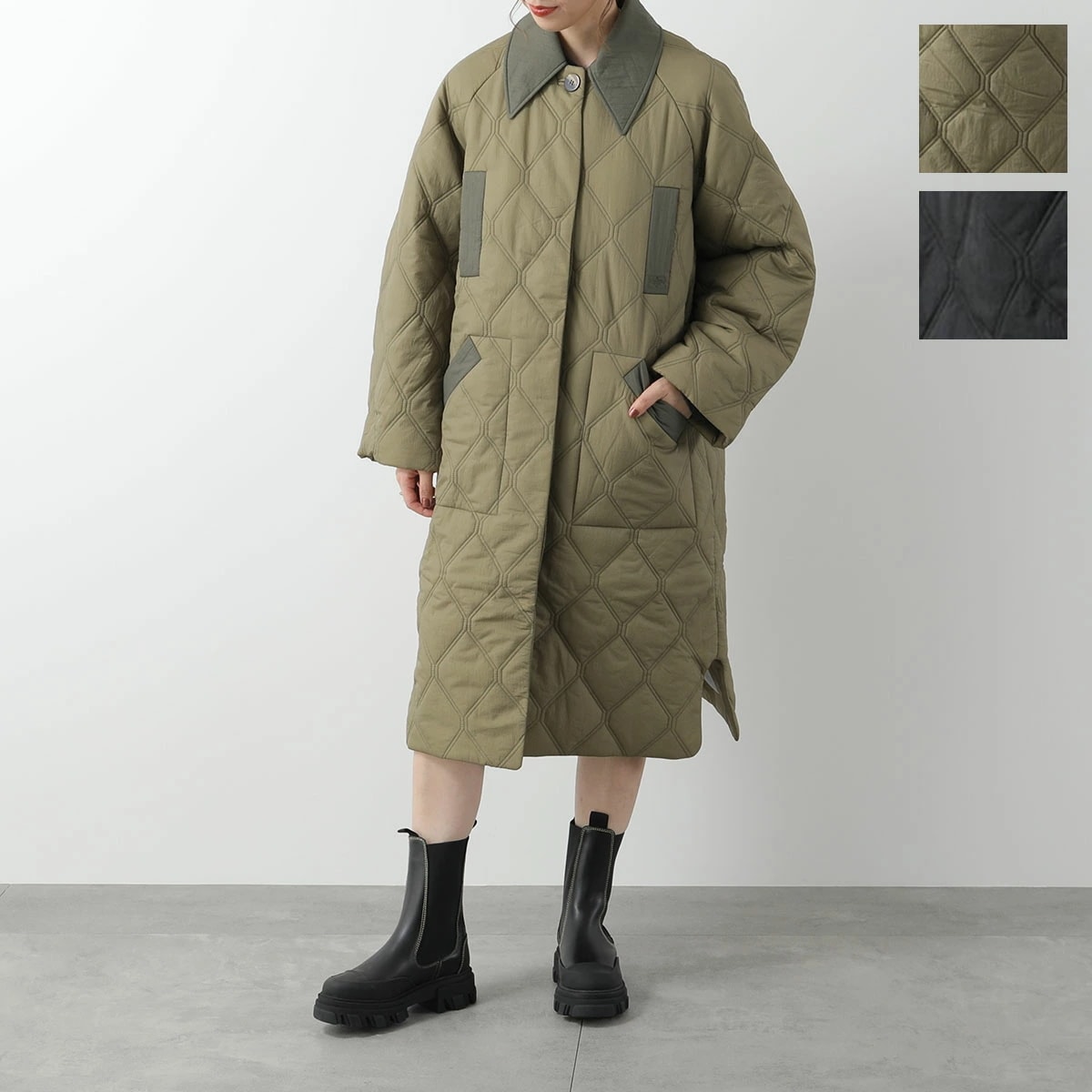 GANNI ガニー キルティングコート Quilt Raglan Midi Coat F9206 F9624 6747 レディース ジャケット 襟付き 軽量 カラー2色