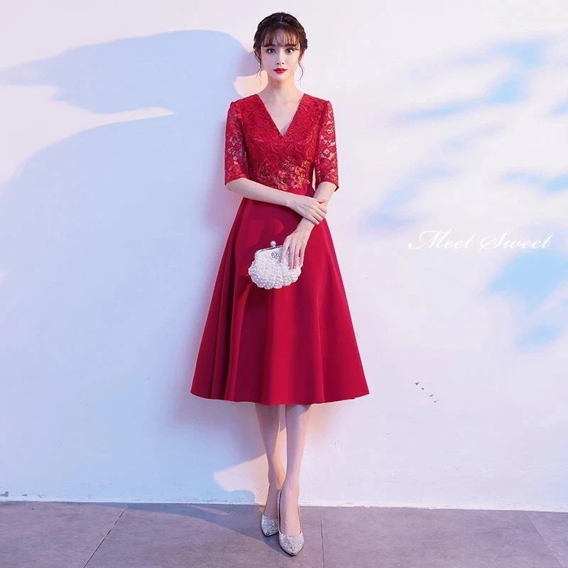 カラードレス ファスナー パーティードレス フォーマルドレス ミディアムドレス Vネック レッド 半袖 Aラインドレス 結婚式 二次会 披露宴 発表会 演奏会 謝恩会 ゲストドレス カクテルドレス 赤