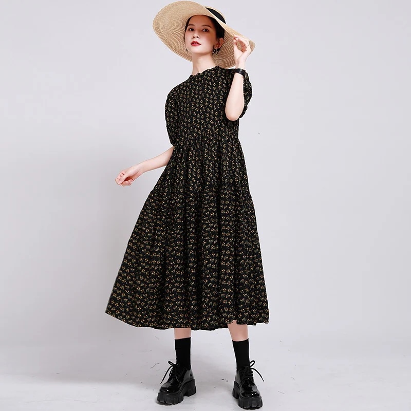 夕イトスカ一ト韩国イエロー花の絵柄ワンピースレディース夏セミロングワンエレガントロングスカートシャツワンピース