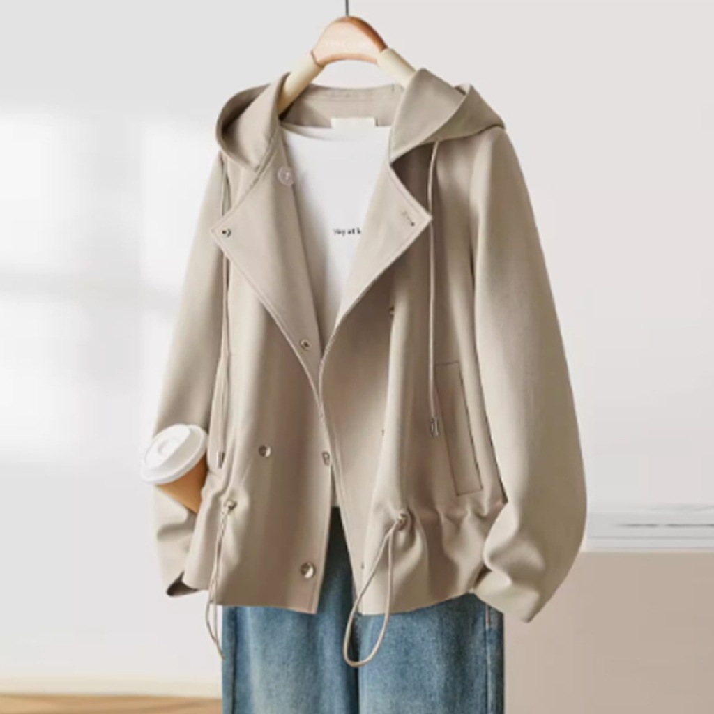 レディース ジャケット コート アウター 上着 羽織 前開き ミディアム 長袖 フード オーバーサイズ ポケット ドロスト ボタン きれいめ シンプル 上品 おしゃれ こなれ感 存在感 都会的 無地