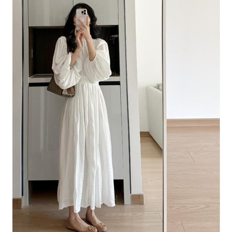 [ワンピース] ワンピース レディース 40代 マキシワンピース 春夏 長袖ワンピース 白ワンピース パフスリーブ ゆったり オシャレ結婚式ドレス お出かけ 大人可愛い 30代