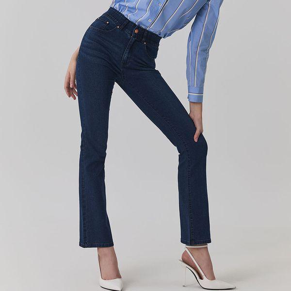 女性ライクラセミフレアフィットデニムネイビー_P408421868
