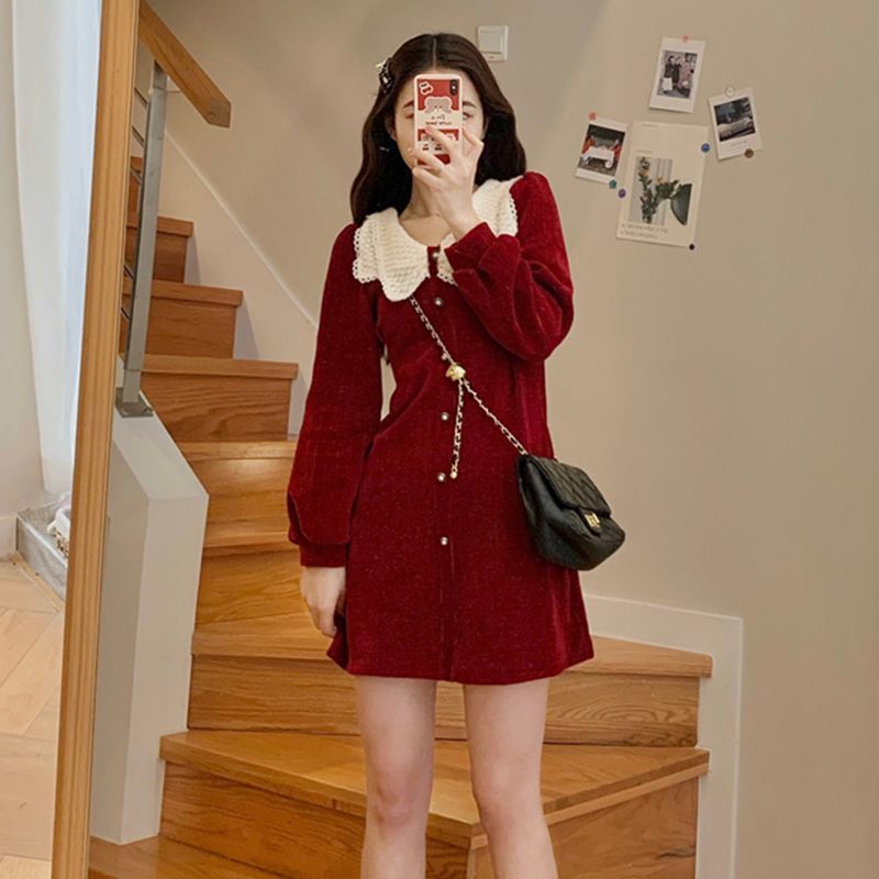 10個セット 旧正月のおめでたい婦人服のガウン赤のベルベットワンピース秋冬襟小柄短めスカート