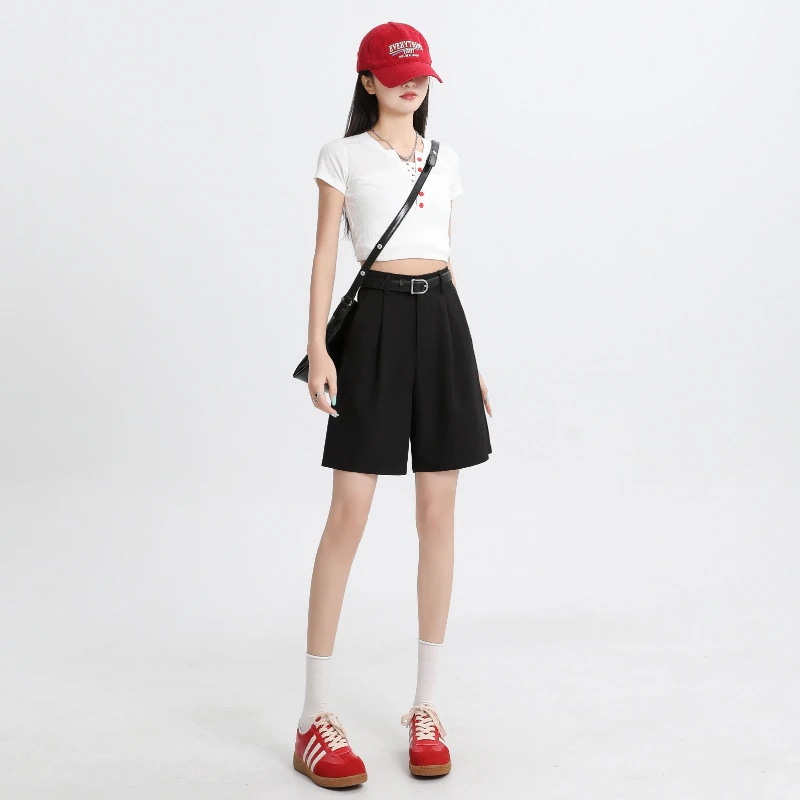 900 カジュアルショーツ レディース 夏 ハイウエスト 薄手 ゆったり スリム Aライン ストレート ワイドレッグ 5段 ミディアム パンツ レディース プレミアム ブラック