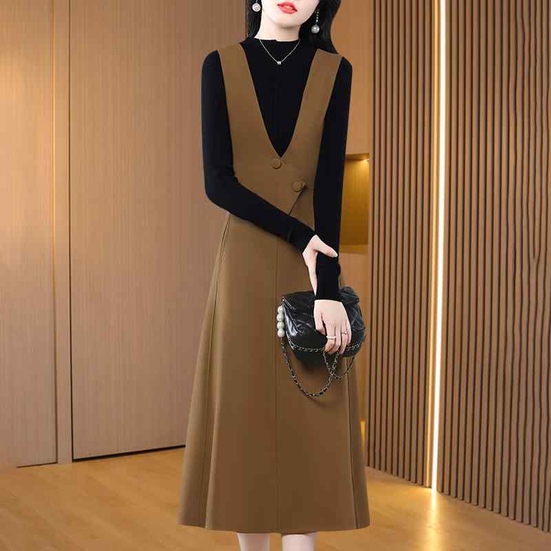 ジャンパースカート 大人きれいめ レディース 秋冬 ミモレ丈 Vネック ノースリーブ ワンピース ポケット ハイウエスト Aライン スリム 長袖 トップス セット シンプル 無地 キャメル 黒 大きい