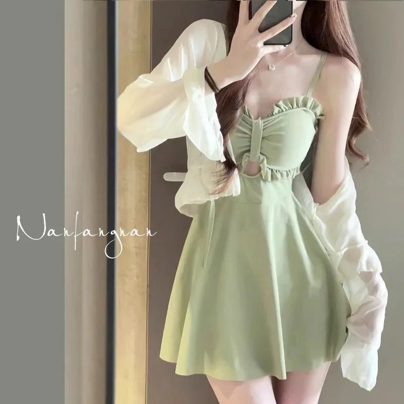 アボカドグリーン レディースワンピース スカート水着 5 秋冬 スパ ホリデー水着 温泉フレッシュ水着