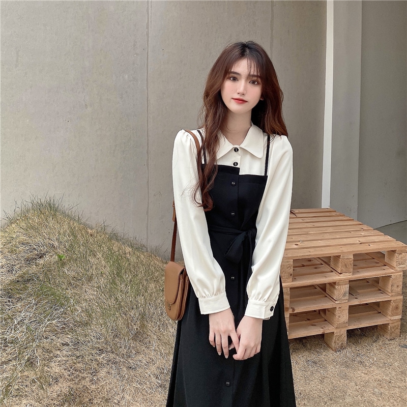 学生風 個性的 ワンピース シャツワンピース 膝下 袖あり 長袖 Uネック 襟付き Aライン アシンメトリー ウエストリボン 前開き 薄手 かわいい シンプル 上品 おしゃれ レトロ こなれ感 ラフ