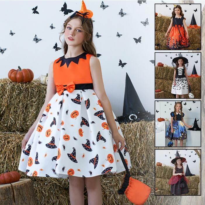 子供ハロウィンワンピース　ハロウィン元素プリント子供ドレス ワンピース+カバン2点セットアップ　Halloweenコスプレ衣装　カボチャ　カラス　魔女巫女コスプレ