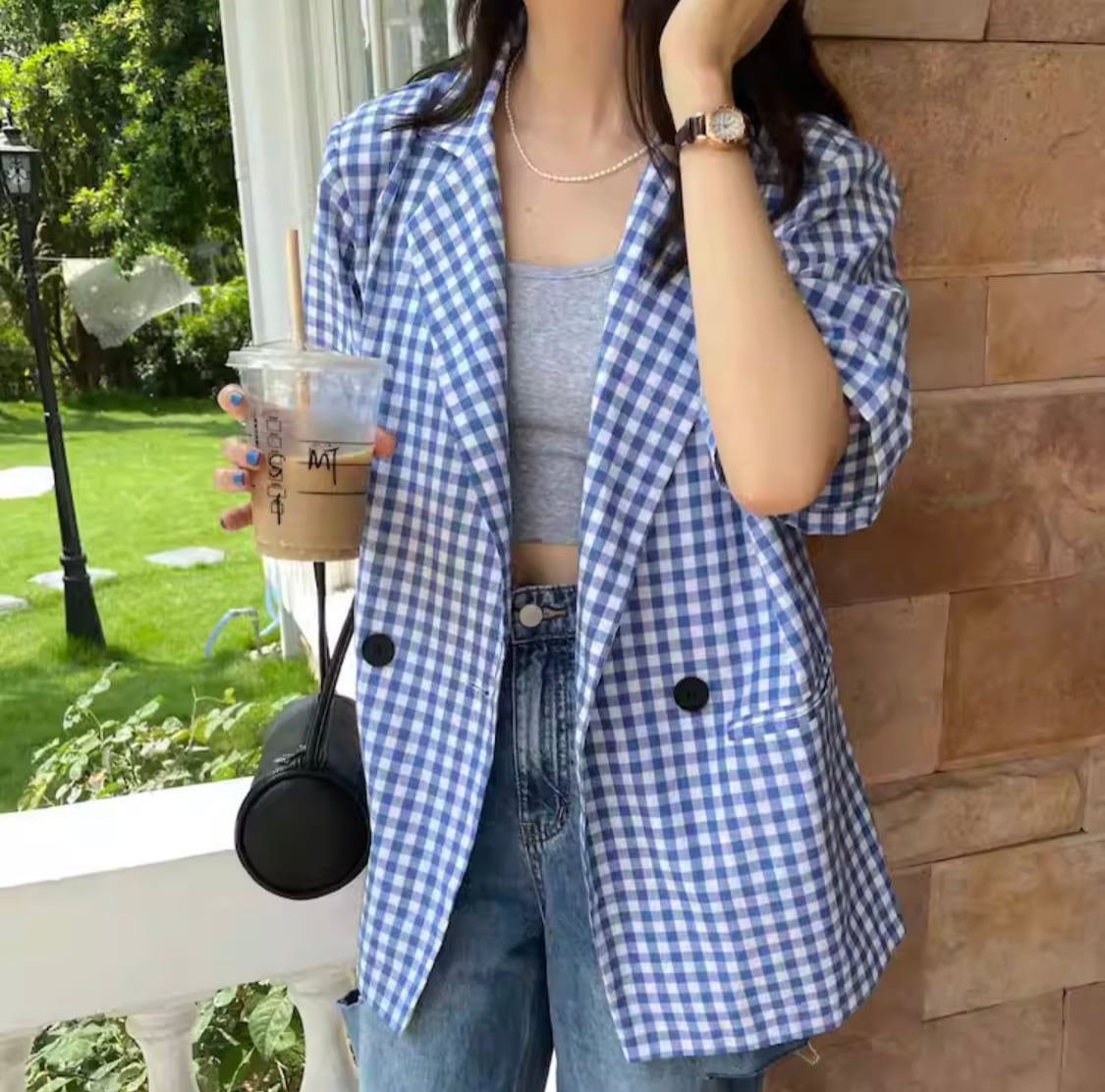 トレンド トップス 韓国 ジャケット風 テーラードジャケット ギンガムチェック シャツ 袖あり 半袖 5分袖 ストレート ワイド Iライン 前開き 綿 ポリエステル コットン かわいい 大人可愛い 4,740円