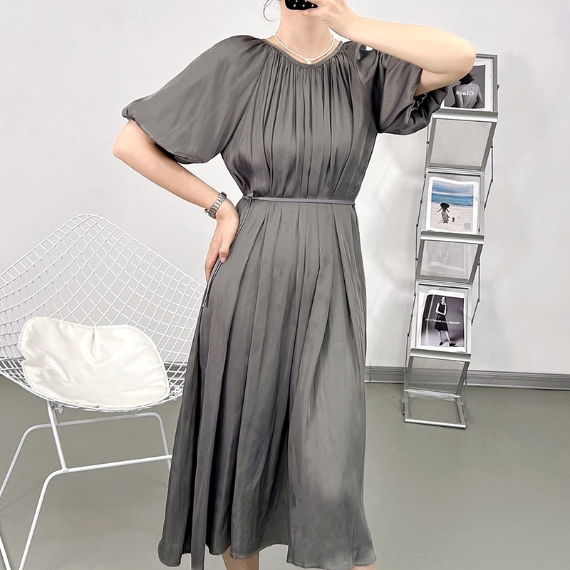 ワンピース ミモレ ミモレ丈 ロング ロング丈 袖あり 5分袖 ボリューム袖 Uネック 襟なし ノーカラー Aライン リボン ウエストリボン 透け感 薄手 きれいめ シンプル カジュアル 上品