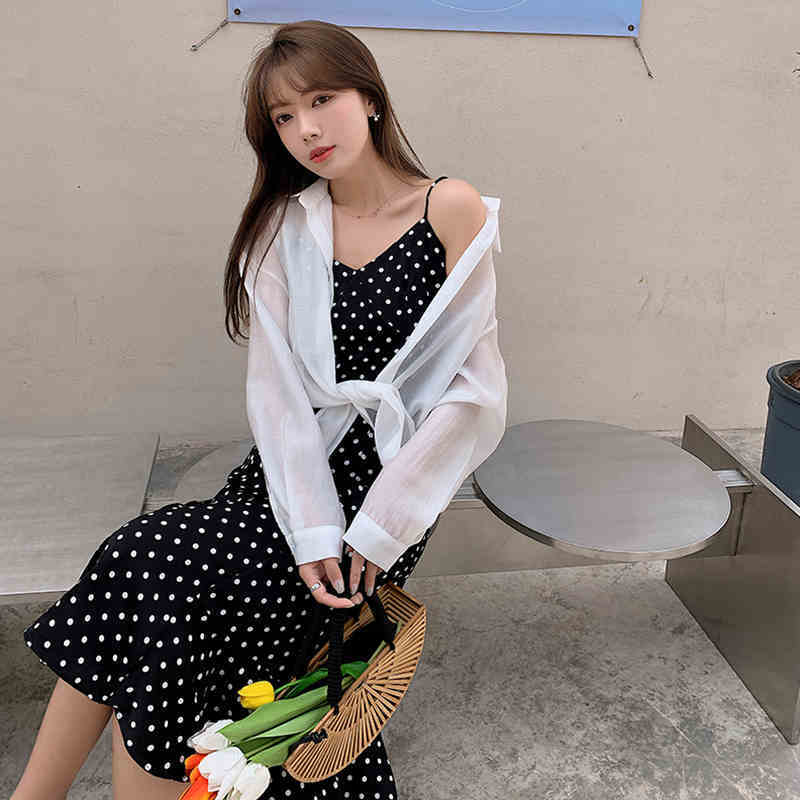 ばら売り セットアップ トップス ワンピース 2点 ツーピース シアー シャツ 透け感 シースルー 襟付き ポロ襟 長袖 袖あり ボタン 羽織 羽織り 日焼け対策 寒さ対策 キャミワンピ 水玉