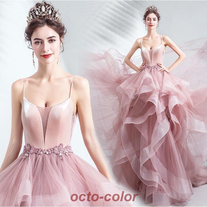 イブニングドレス ピンク フレア フリル ロングドレス チュールドレス ノースリーブ 発表会ドレス 二次会 パーティードレス お呼ばれドレス 編み上げ