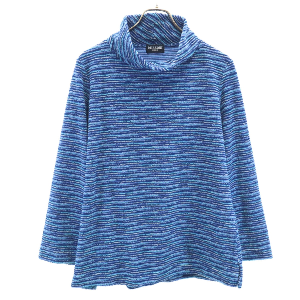 90s 日本製 オールド ボーダー柄 長袖 ハイネック パイル地 セーター L ブルー系 INTIMO レディース 古着