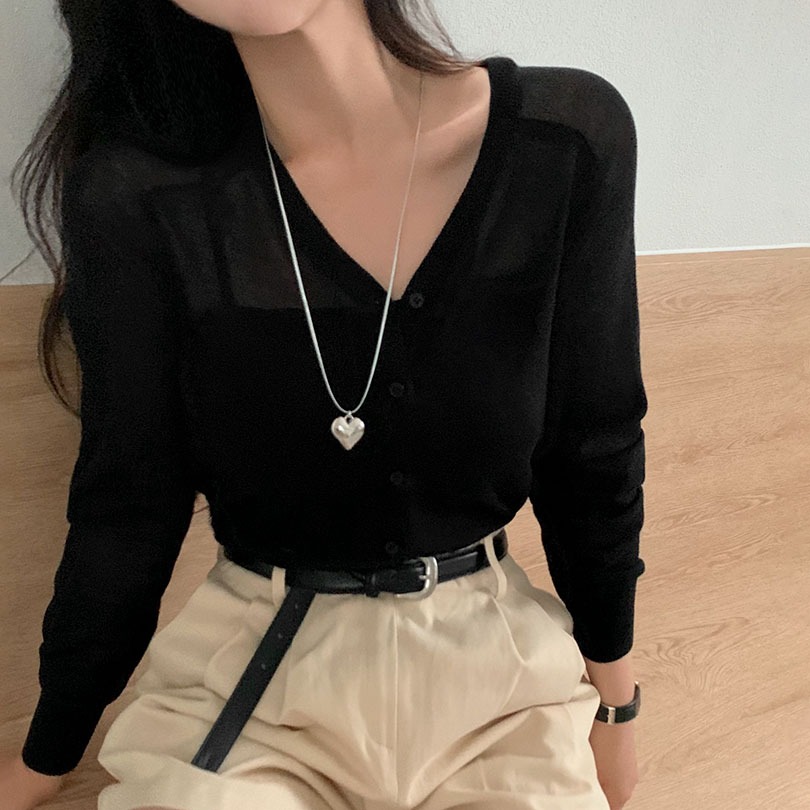 韓国の女性ファッション/ [6color] リネンシースルーVネックカーディガン cd1218