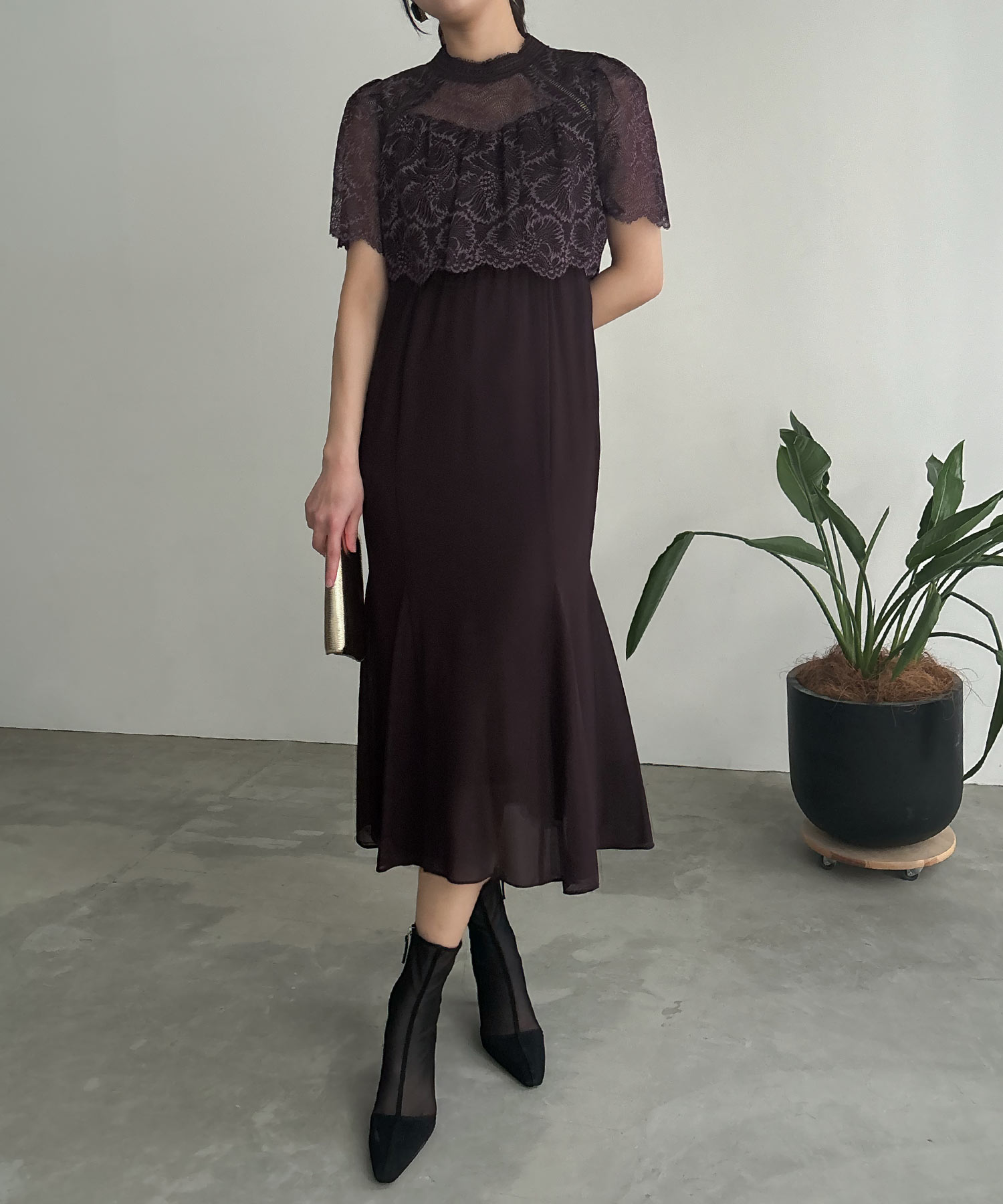 フレアレーススリーブマーメイドドレス ワンピース オケージョンドレス パーティードレス 袖あり 半袖 ハイネック スカラップ オケージョン 結婚式 二次会 謝恩会 成人式 同窓会 女子会 入学式